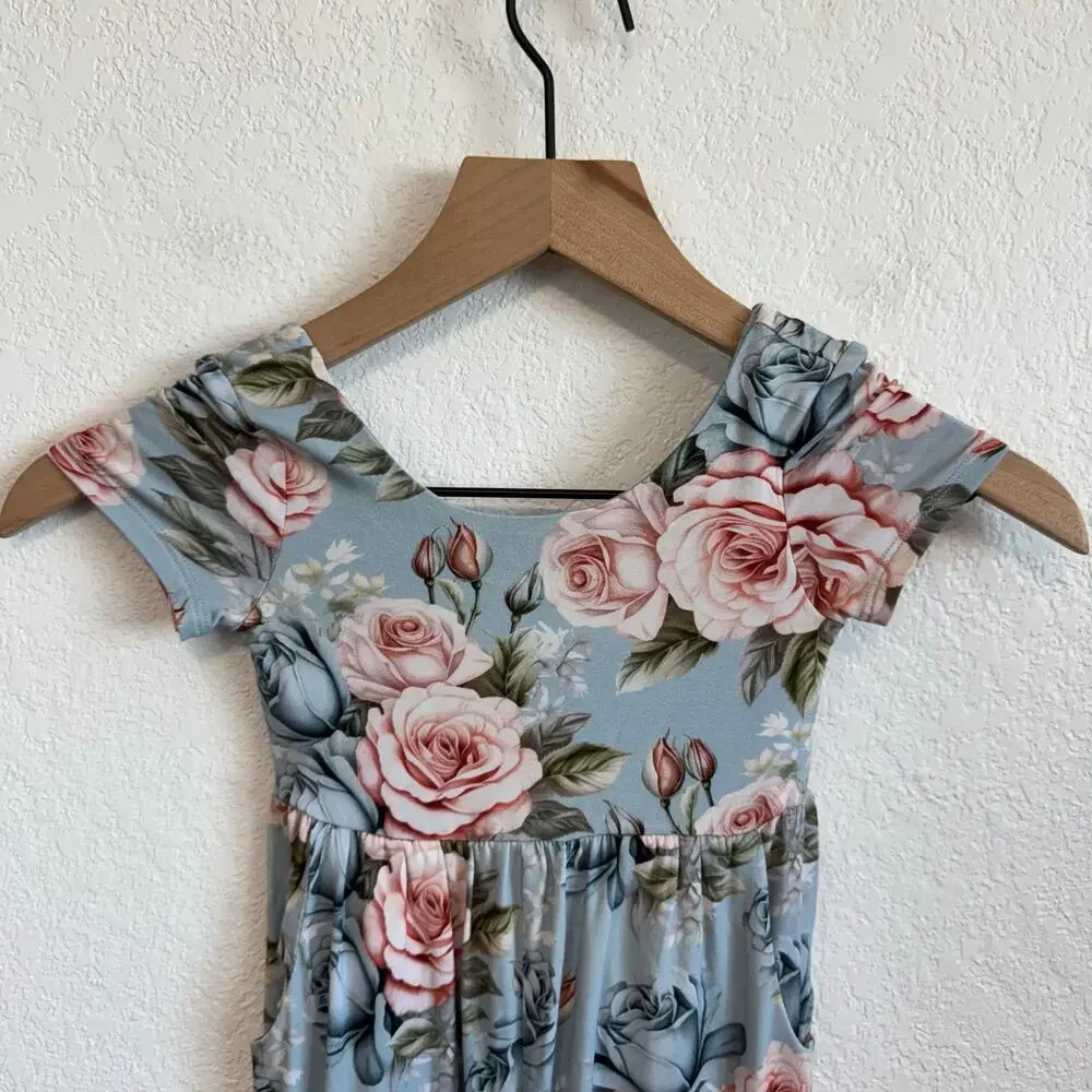 NEW NWT Posh Peanut Floral Scoop Neck Short Sleeve Wide Leg Jumpsuit Blue 3T-4T - Picture 3 of 9